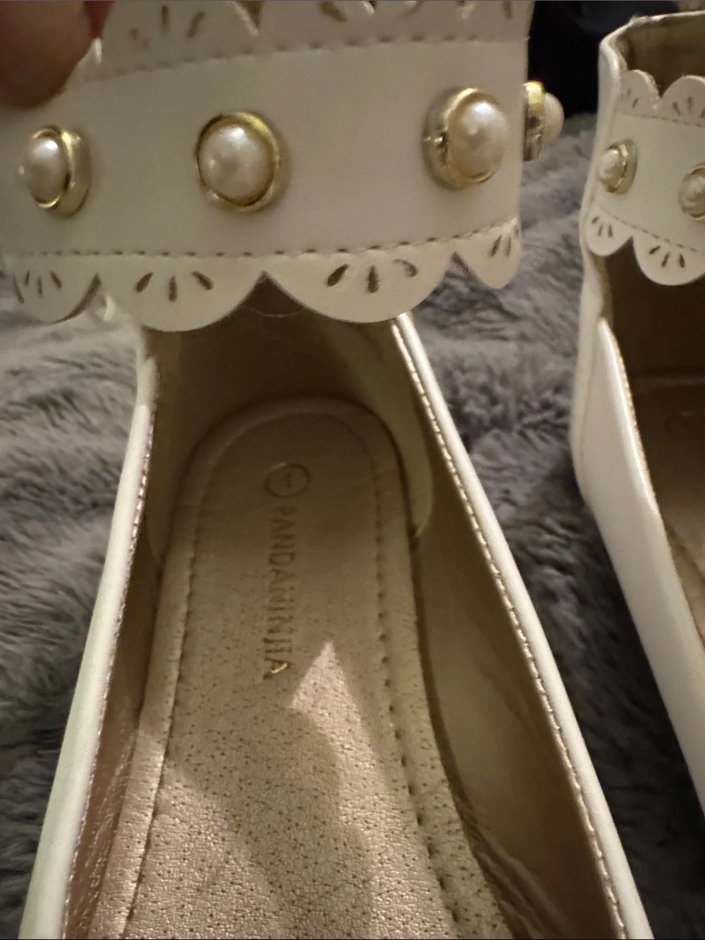 Girls White Dress Ballet Flats with Pearl Ankle Strap